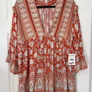 Free People Coral and White Patterned Dress